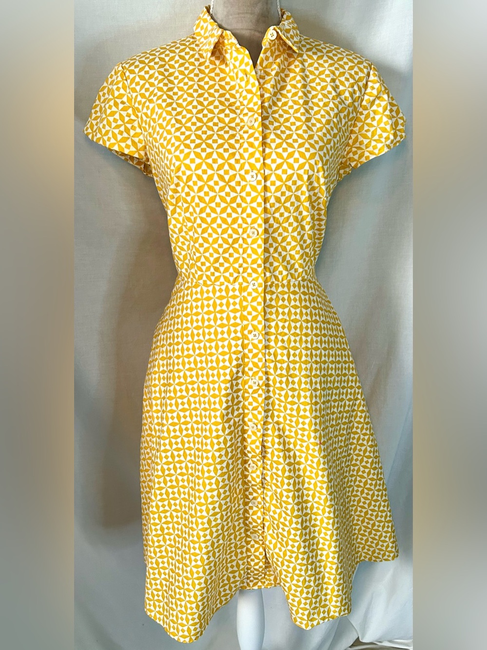 Boden Sophia Mustard Yellow, White Geometric Daisy Cotton Shirt Dress, Size 8 - Picture 4 of 16